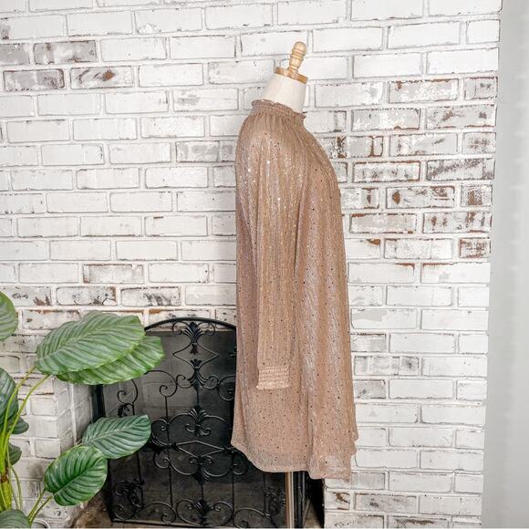 Nina Leonard Rose Gold Metallic Chiffon Sheer Mock Neck Cocktail Midi Dress - Picture 9 of 16